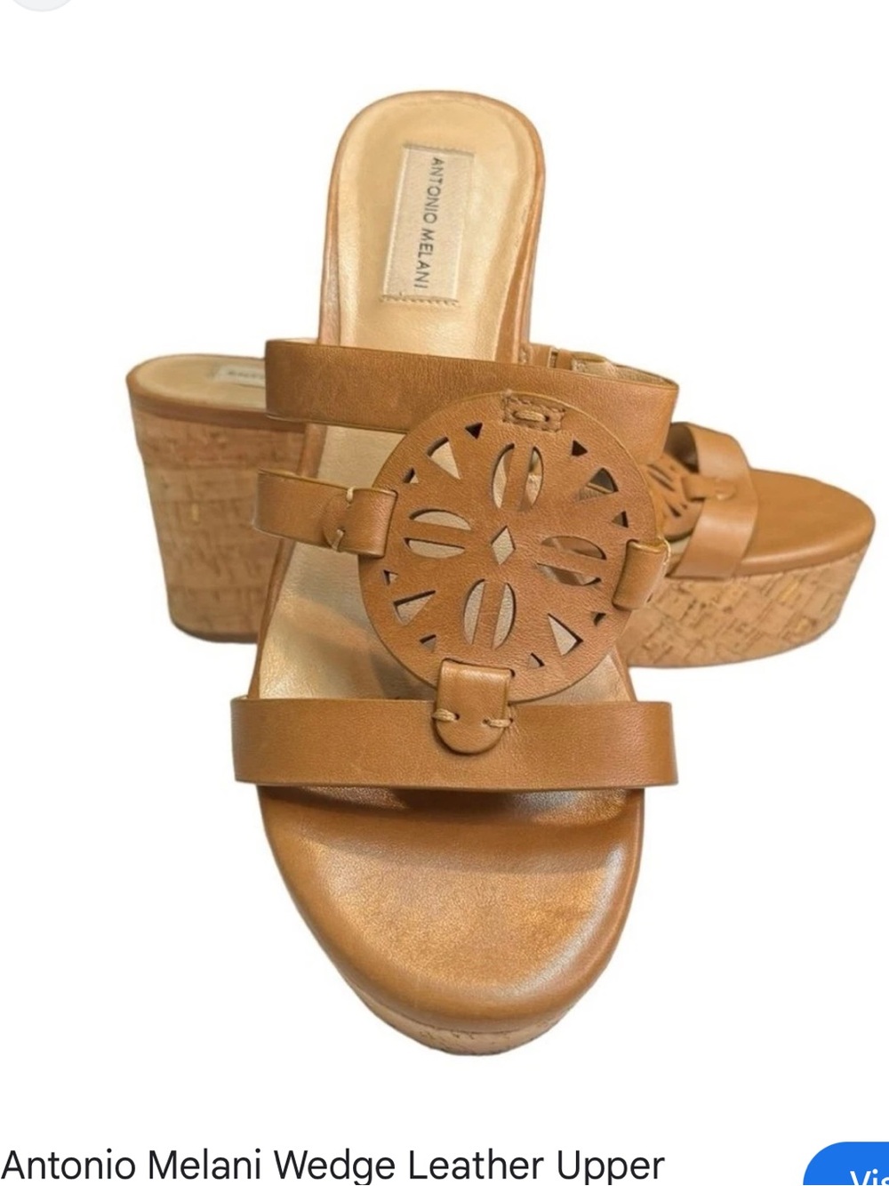ANTONIO MELANI Tan Leather Cutout Medallion Wedge Sandals